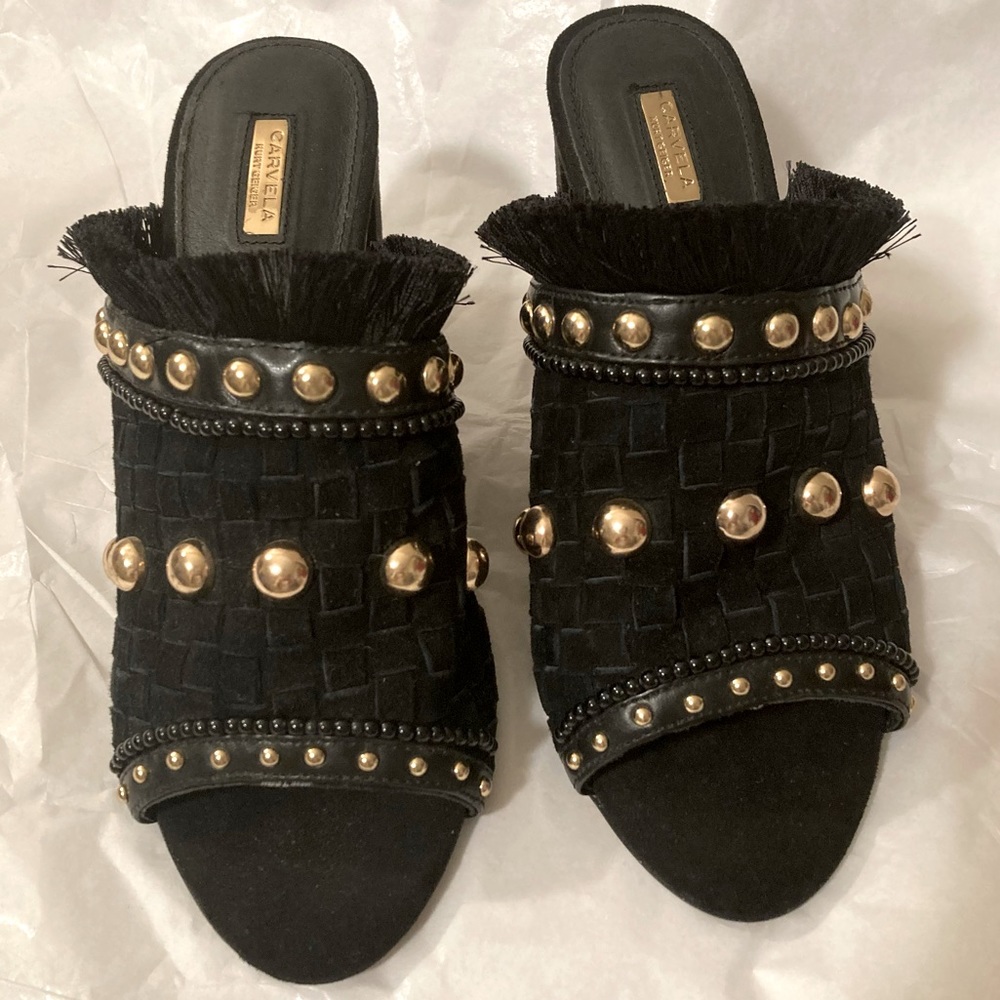Carvela Kurt Geiger ‘Gander’ Mid Heel  Gold Studded Black Suede Mule Heels 37 - Picture 5 of 16